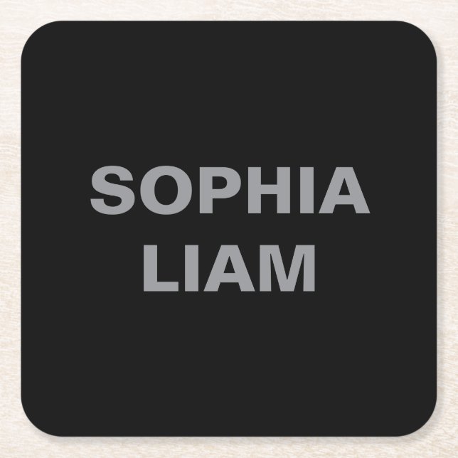Black Minimalist Personalized Name Square Design Paper Coaster (Front)