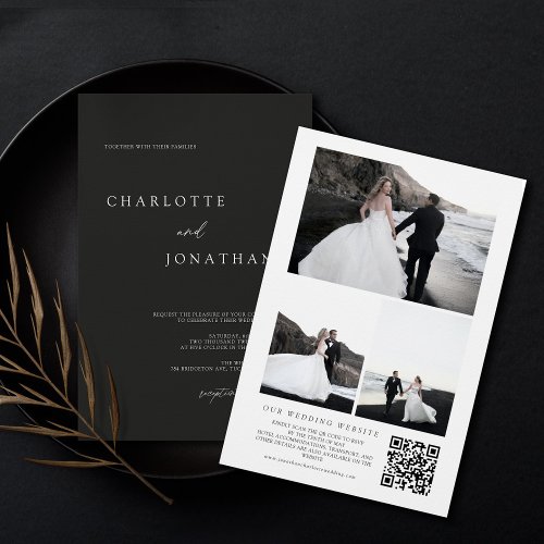 Black Minimalist Photo Collage QR Code Wedding Invitation