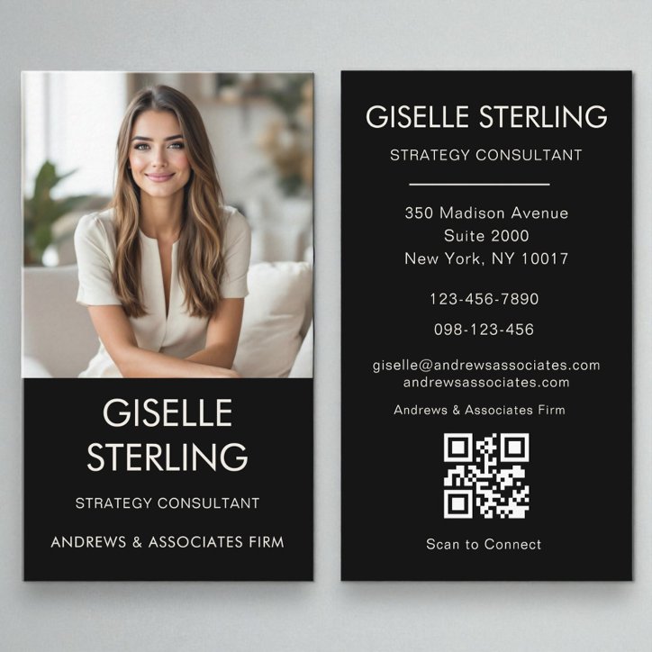 Black Minimalist Photo QR Code Modern Business Card