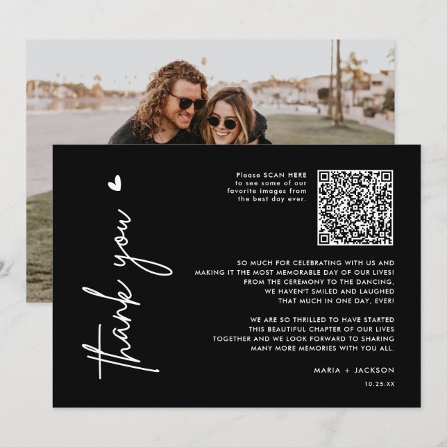 Black Minimalist Photo QR Code Thank You Card  (Front/Back)