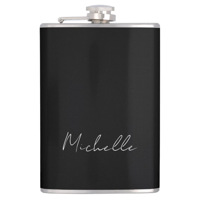 Black Minimalist Plain Modern Own Name Calligraphy Flask (Front)