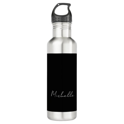 Black Minimalist Plain Modern Own Name Calligraphy Stainless Steel Water Bottle
