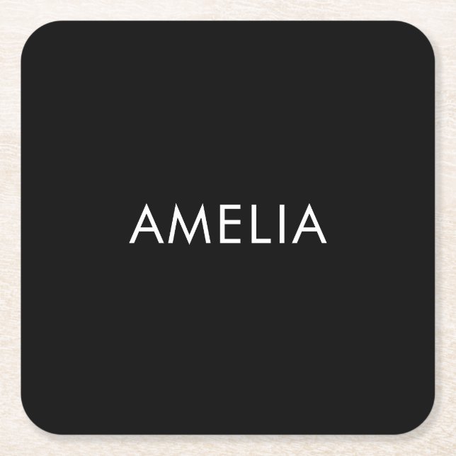 Black Minimalist Professional Plain Simple Name Square Paper Coaster (Front)