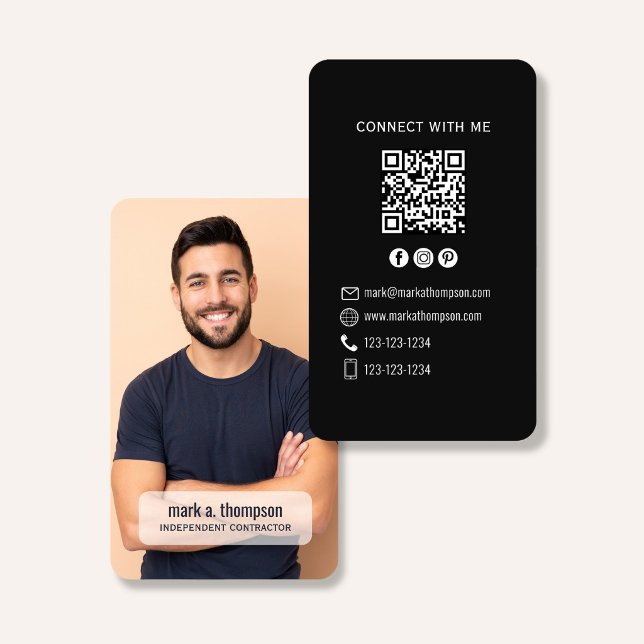 Black Minimalist QR Code Photo Connect Modern Business Card (Black QR code business card with photo and sleek modern minimalist layout)