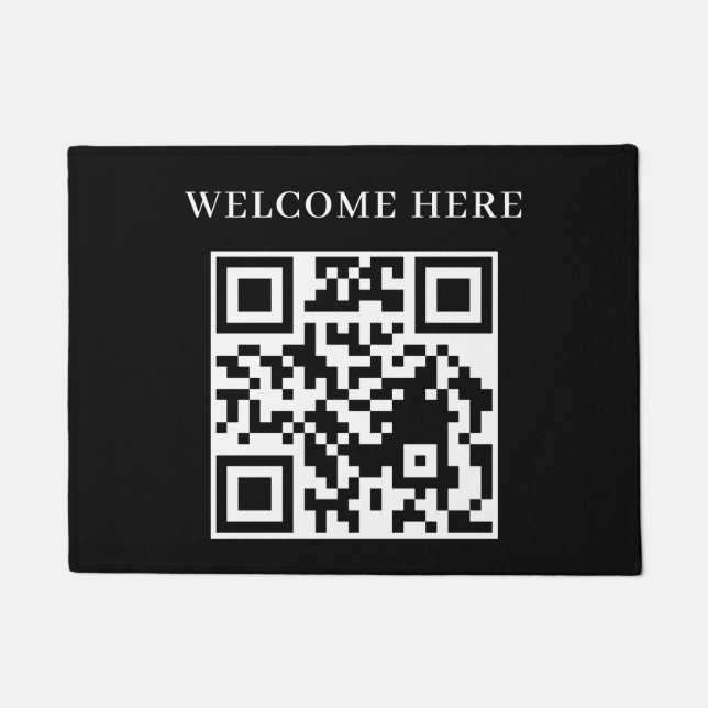 Black Minimalist QR Code Welcome Scan Me Doormat (Front)