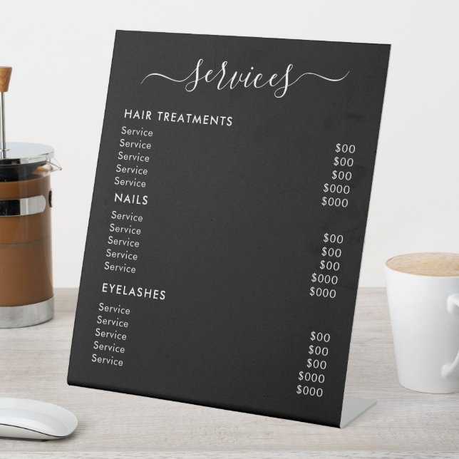 Black Minimalist Salon Services Price List Pedestal Sign (In SItu)