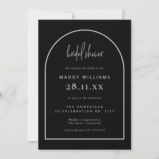 Black Minimalist Script Arch Bridal Shower Invitation (Front)