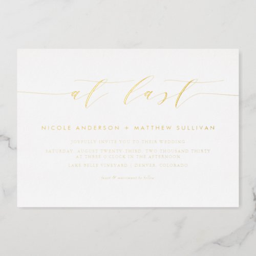 Black Minimalist Script At Last Wedding Foil Invitation