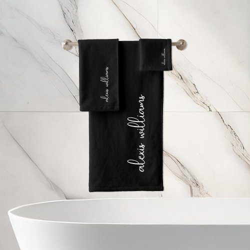 Black Minimalist Script Signature Monogram Bath Towel Set