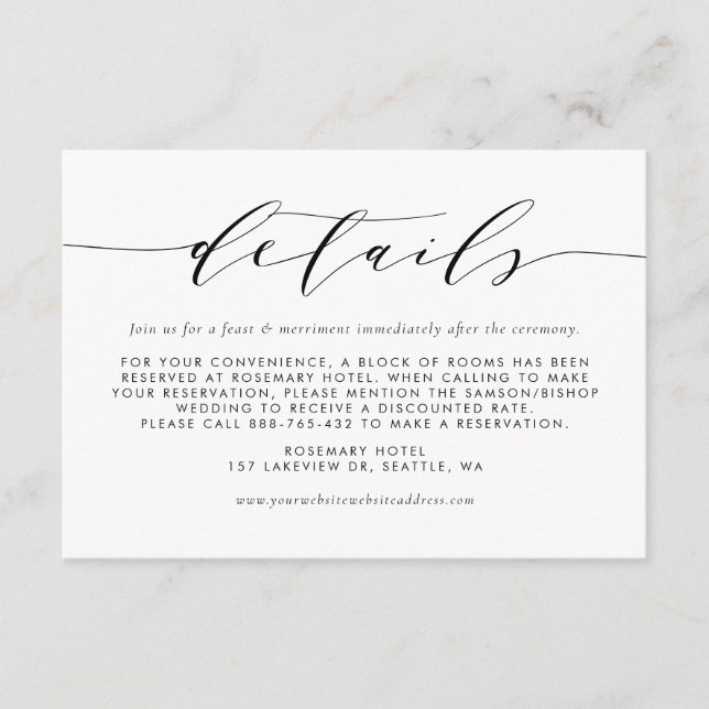 Black Minimalist Script Wedding Details Enclosure Card (Front)
