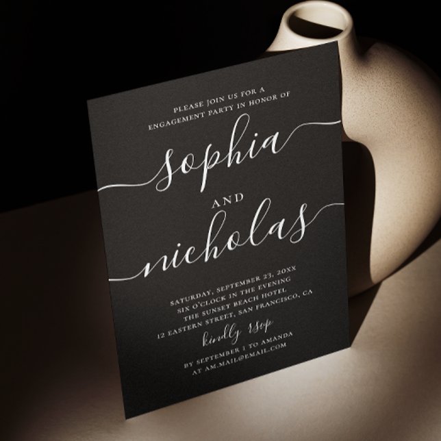 Black minimalist script wedding engagement party invitation (Creator Uploaded)