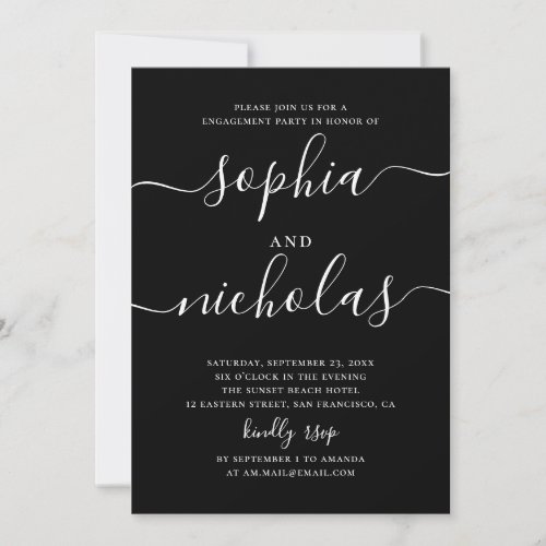 Black minimalist script wedding engagement party invitation