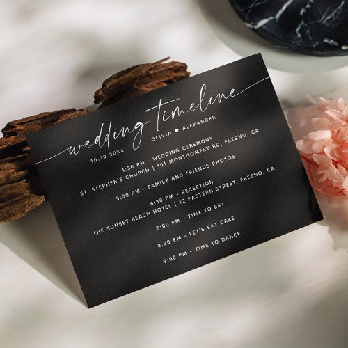 Black minimalist script wedding party timeline invitation