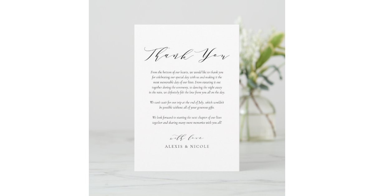 Black Minimalist Script Wedding Photo Thank You Card | Zazzle