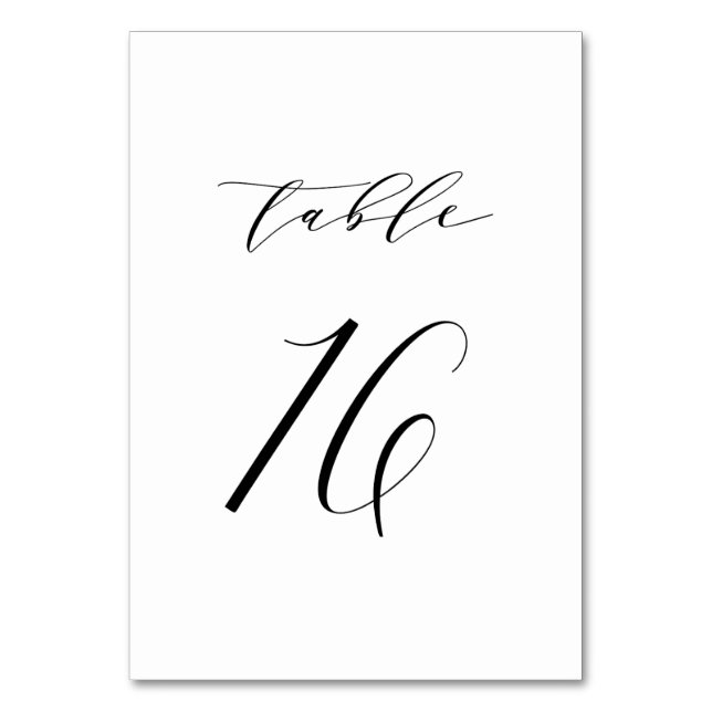 Black Minimalist Script Wedding Table Number 16 (Front)