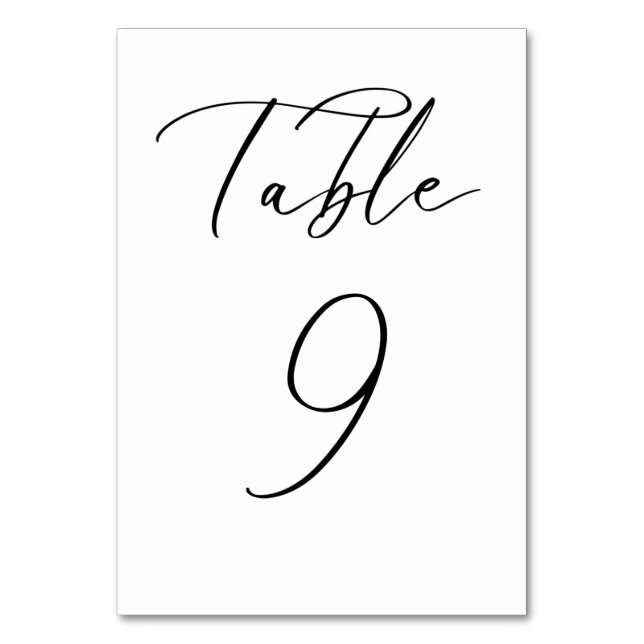 Black Minimalist Script Wedding Table Number Card (Front)