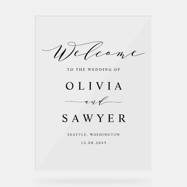 Black Minimalist Script Wedding Welcome Acrylic Sign (Front)