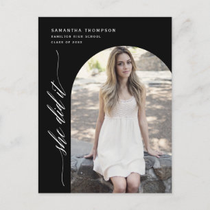 Black Minimalist She Did It Graduation Arch Photo Postcard