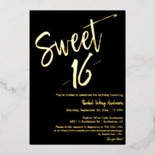 Black Minimalist Sweet 16th Birthday Party Gold Foil Invitation