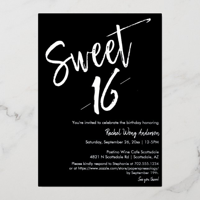 Black Minimalist Sweet 16th Birthday Party Silver Foil Invitation (Front)
