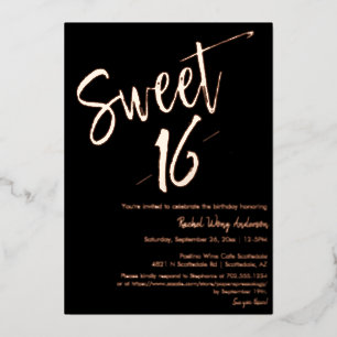 Black Minimalist Sweet 16th Birthday Rose Gold  Foil Invitation