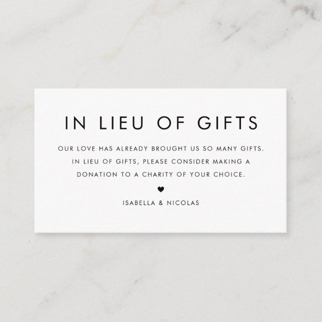 Black Minimalist Typography In Lieu Of Gifts Enclosure Card