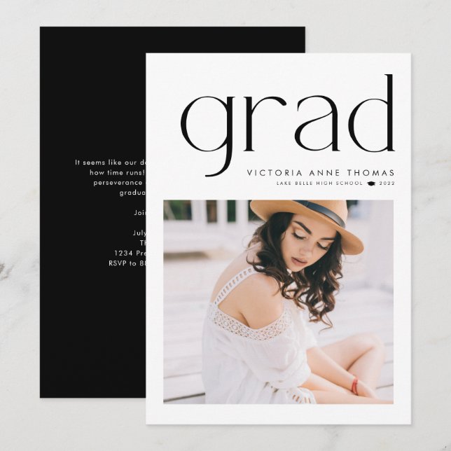 Black Minimalist Typography Photo Graduation Announcement (Front/Back)