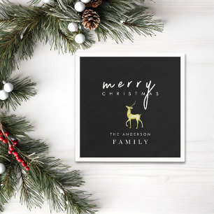 Black Minimalist Watercolor Reindeer Christmas Napkins