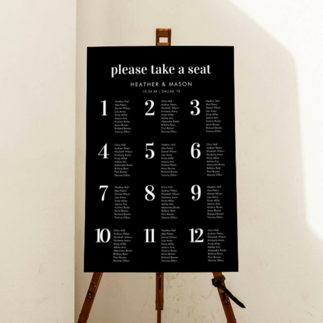 Black Minimalist Wedding 12 Tables Seating Chart Foam Board (Creator Uploaded)