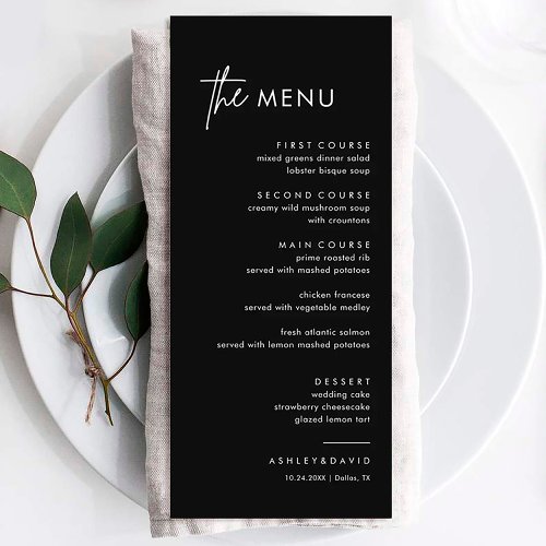 Black Minimalist Wedding Dinner Menu