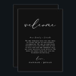 Black Minimalist Wedding program Welcome Bag card<br><div class="desc">Discover our elegant collection of black modern minimalist calligraphy wedding invitations,  signs,  and stationery. Designed for the contemporary couple,  each piece blends sleek simplicity with timeless calligraphy,  perfect for creating a chic and sophisticated wedding ambiance #zazzlemade</div>