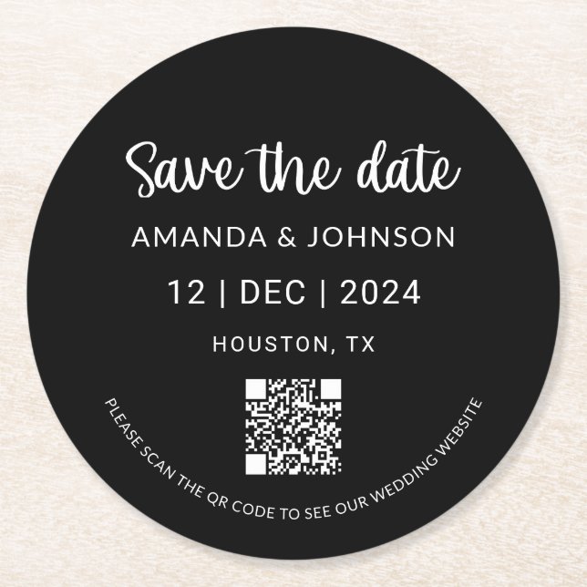 Black Minimalist Wedding Save the Date QR Code  Round Paper Coaster (Front)