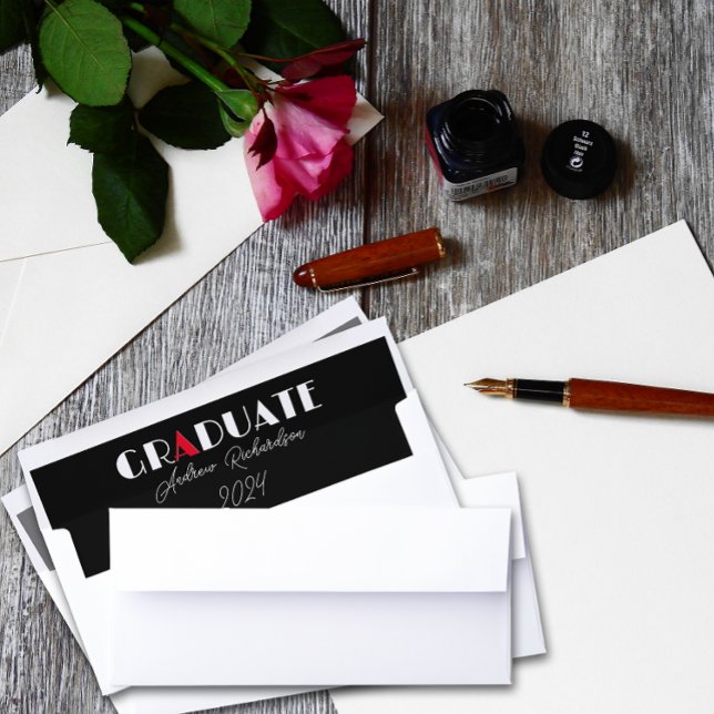 Black minimalist white red graduation name envelope liner (Creator Uploaded)