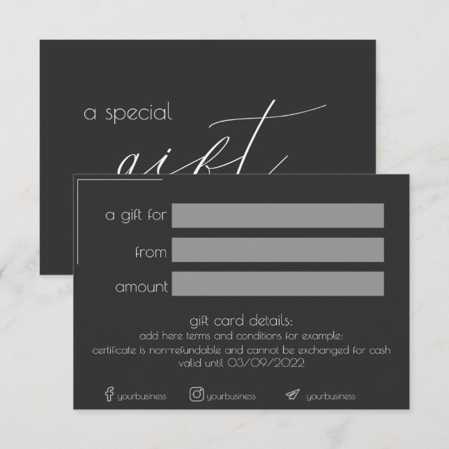 Black Minimalistic Business Gift Certificate Card (Front/Back)