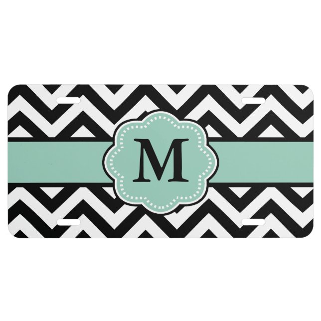 Black Mint Green Chevron Monogram License Plate (Front)