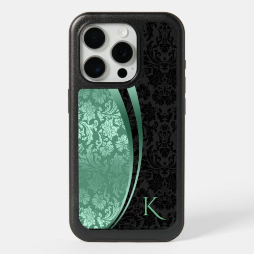 Black  Mint_Green Damasks Geometric Design iPhone 15 Pro Case