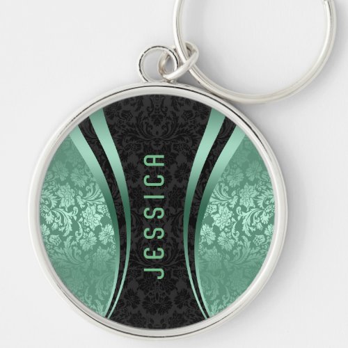 Black  Mint_Green Damasks Pattern Keychain