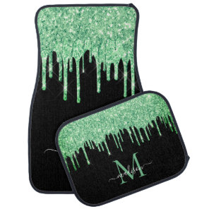 Black Mint Green Glitter Sparkle Dripping Monogram Car Floor Mat