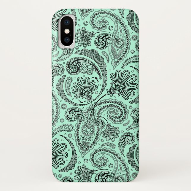 Black & Mint-Green V Floral Paisley Case-Mate iPhone Case (Back)