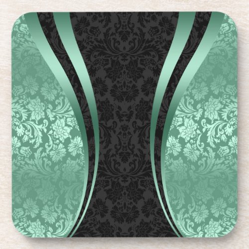 Black  Mint_Green Vintage Floral Damask Pattern Beverage Coaster