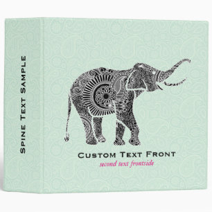 Black & Mint-Green Vintage Floral Elephant 3 Ring Binder
