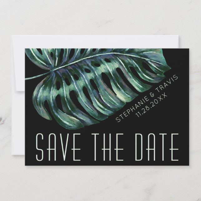 Black Mod Monstera Dark Moody Tropical Wedding Save The Date (Front)