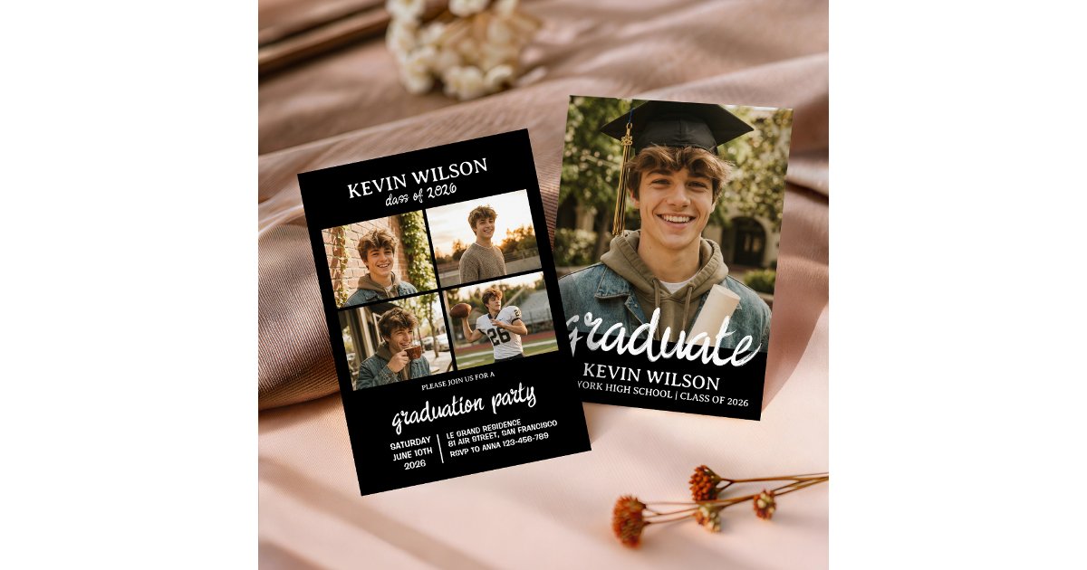 Black Modern 4 Photo Graduation Invitation | Zazzle