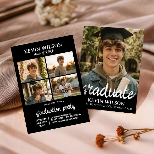 Black Modern 4 Photo Graduation Invitation (Creator Uploaded)