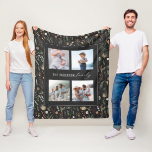 Black modern 4 photo watercolor botanical floral fleece blanket