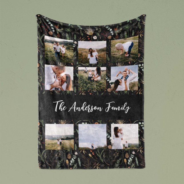 Black modern 9 photo watercolor botanical floral fleece blanket (Creator Uploaded)