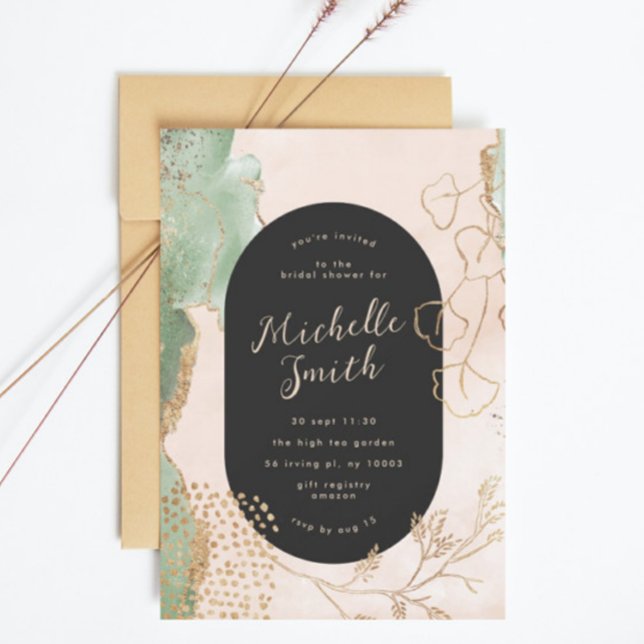 Black Modern Abstract Golden Eucalyptus Greenery Invitation (Creator Uploaded)