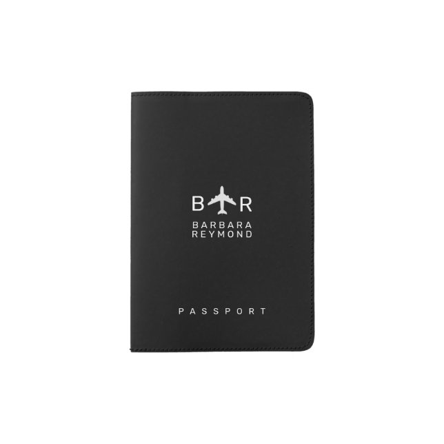Black Modern Aeroplane Monogram Travel  Passport Holder (Front)