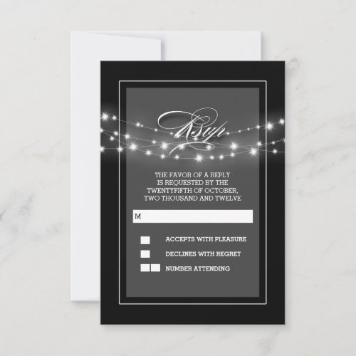 Black modern and elegant string lights RSVP card
