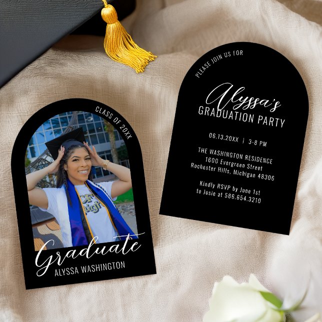 Black Modern Arch Photo Graduation Party Invitation (Creator Uploaded)